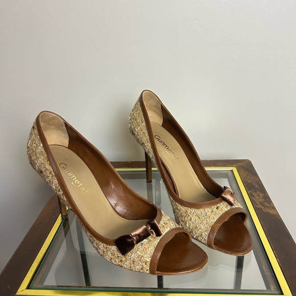 GUNMETAL Made in Italy  Brown and Tan Stiletto High Heels Fabric-Leather 41 - Picture 2 of 13